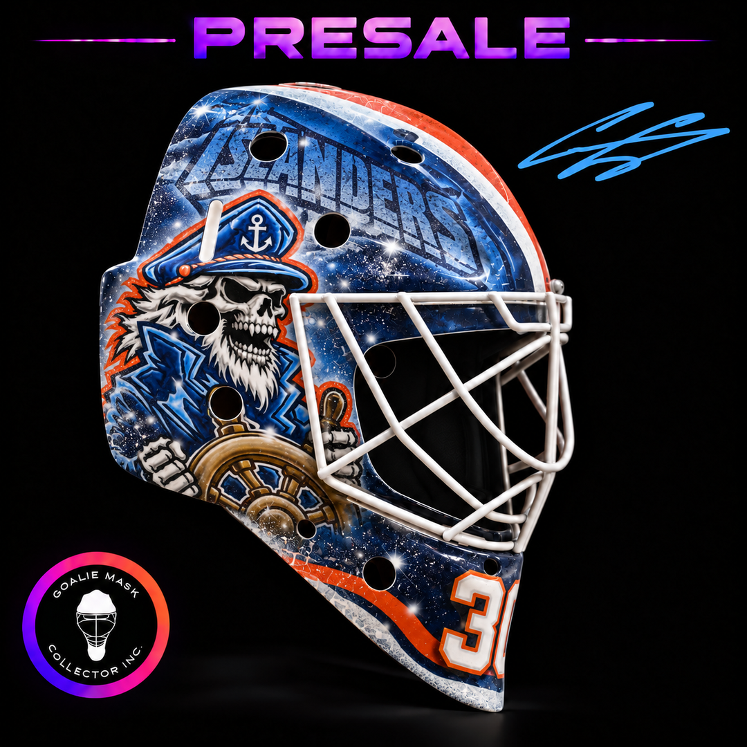 Ilya Sorokin Signed Goalie Mask 2027 New York PIRATE SKULL Tribute Signature Edition Tribute. Goalie Mask Collector.
