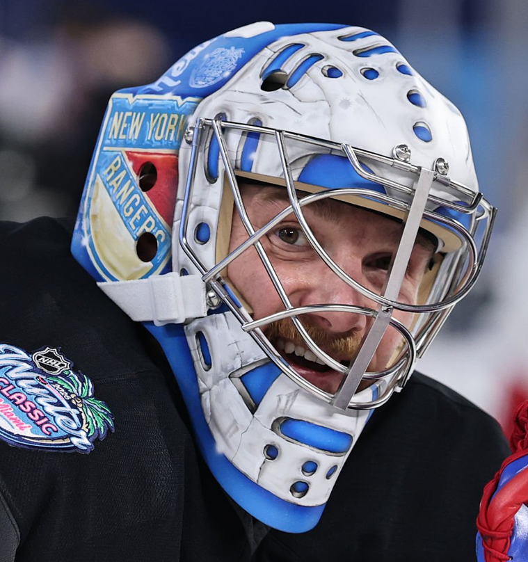 Goalie wearing the mask in a reference photo for Jonathan Quick Signed Goalie Mask 2026 New York Winter Classic Signature Edition. Goalie Mask Collector.