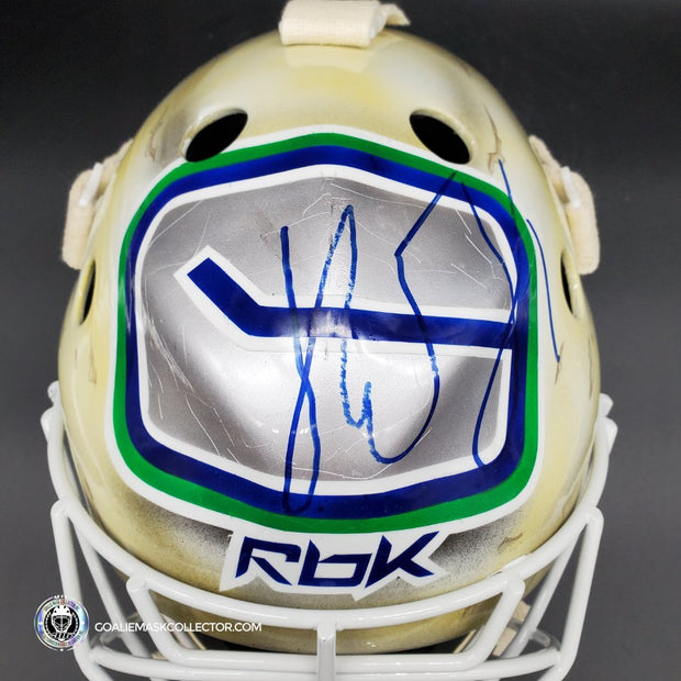 Roberto Luongo Signed Goalie Mask Backup Practice Worn 2008 Vancouver Canucks Lefebvre Protechsport Painted by Marlene Ross-AS-02695