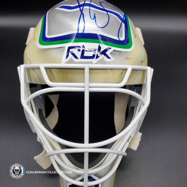 Roberto Luongo Signed Goalie Mask Backup Practice Worn 2008 Vancouver Canucks Lefebvre Protechsport Painted by Marlene Ross-AS-02695