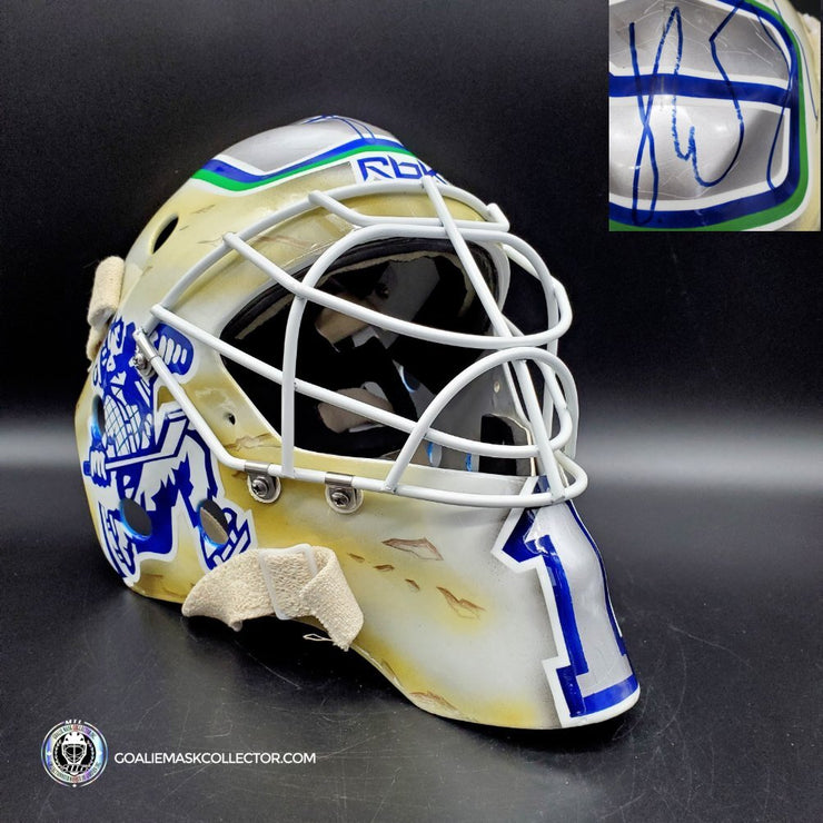 Roberto Luongo Signed Goalie Mask Backup Practice Worn 2008 Vancouver Canucks Lefebvre Protechsport Painted by Marlene Ross-AS-02695