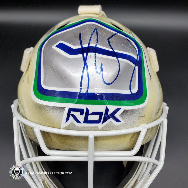 Roberto Luongo Signed Goalie Mask Backup Practice Worn 2008 Vancouver Canucks Lefebvre Protechsport Painted by Marlene Ross-AS-02695