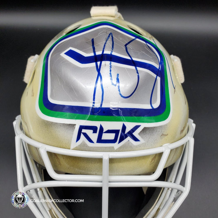 Roberto Luongo Signed Goalie Mask Backup Practice Worn 2008 Vancouver Canucks Lefebvre Protechsport Painted by Marlene Ross-AS-02695
