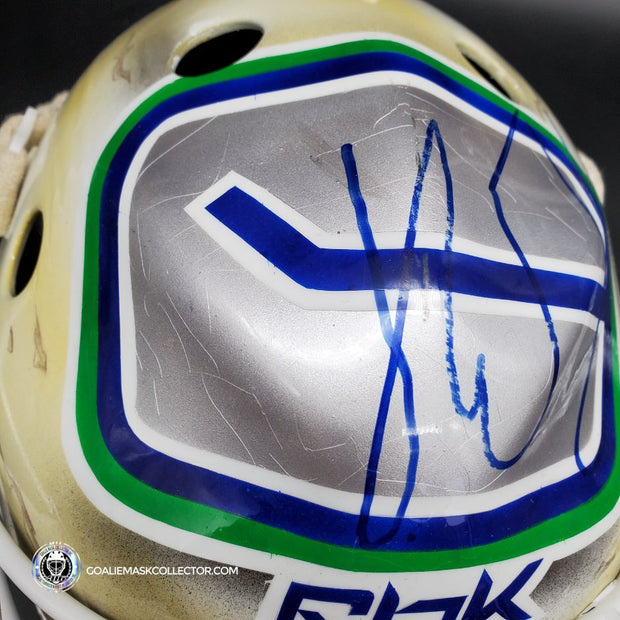 Roberto Luongo Signed Goalie Mask Backup Practice Worn 2008 Vancouver Canucks Lefebvre Protechsport Painted by Marlene Ross-AS-02695