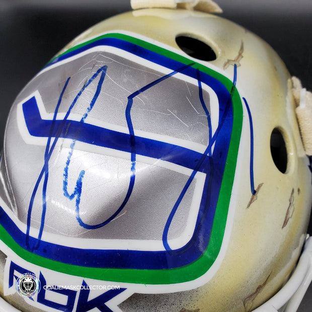 Roberto Luongo Signed Goalie Mask Backup Practice Worn 2008 Vancouver Canucks Lefebvre Protechsport Painted by Marlene Ross-AS-02695