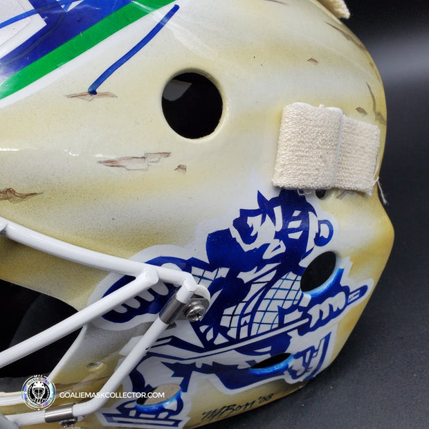 Roberto Luongo Signed Goalie Mask Backup Practice Worn 2008 Vancouver Canucks Lefebvre Protechsport Painted by Marlene Ross-AS-02695