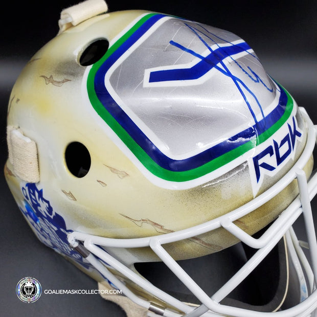 Roberto Luongo Signed Goalie Mask Backup Practice Worn 2008 Vancouver Canucks Lefebvre Protechsport Painted by Marlene Ross-AS-02695