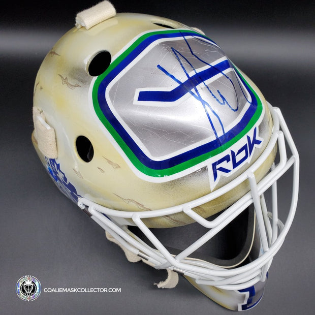 Roberto Luongo Signed Goalie Mask Backup Practice Worn 2008 Vancouver Canucks Lefebvre Protechsport Painted by Marlene Ross-AS-02695