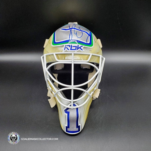 Roberto Luongo Signed Goalie Mask Backup Practice Worn 2008 Vancouver Canucks Lefebvre Protechsport Painted by Marlene Ross-AS-02695