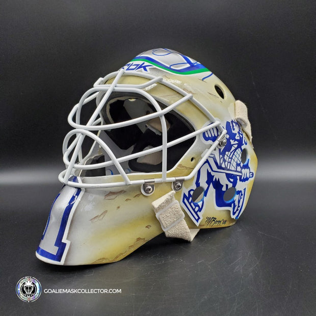 Roberto Luongo Signed Goalie Mask Backup Practice Worn 2008 Vancouver Canucks Lefebvre Protechsport Painted by Marlene Ross-AS-02695