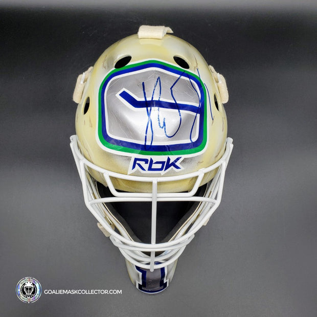 Roberto Luongo Signed Goalie Mask Backup Practice Worn 2008 Vancouver Canucks Lefebvre Protechsport Painted by Marlene Ross-AS-02695