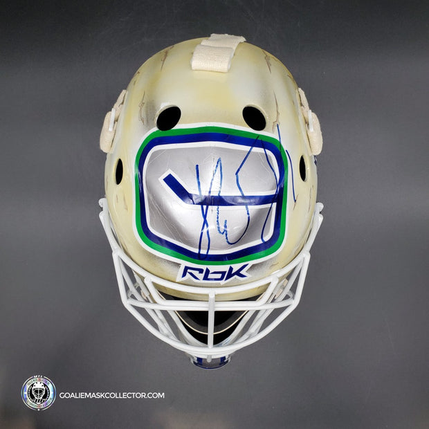Roberto Luongo Signed Goalie Mask Backup Practice Worn 2008 Vancouver Canucks Lefebvre Protechsport Painted by Marlene Ross-AS-02695