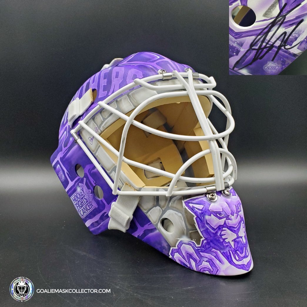 Sergei Bobrovsky Game Worn Goalie Mask 2022 Florida Panthers Hockey Fights Cancer Painted by DaveArt "Brick by Brick" HFC AS-02943 - SOLD