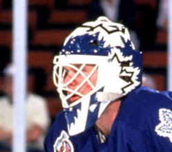 Goalie wearing the mask in a reference photo for Daren Puppa Signed Goalie Mask Toronto Signature Edition. Goalie Mask Collector.