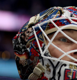 Presale: Elvis Merzlikins Signed Goalie Mask 2024 Columbus Blue Jackets Signature Edition Autographed + Gold Powder Coated Grill