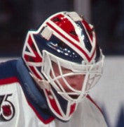 Goalie wearing the mask in a reference photo for Ron Tugnutt Signed Goalie Mask Edmonton Signature Edition. Goalie Mask Collector.