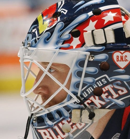 Goalie wearing the mask in a reference photo for Ron Tugnutt Signed Goalie Mask Columbus Signature Edition. Goalie Mask Collector.
