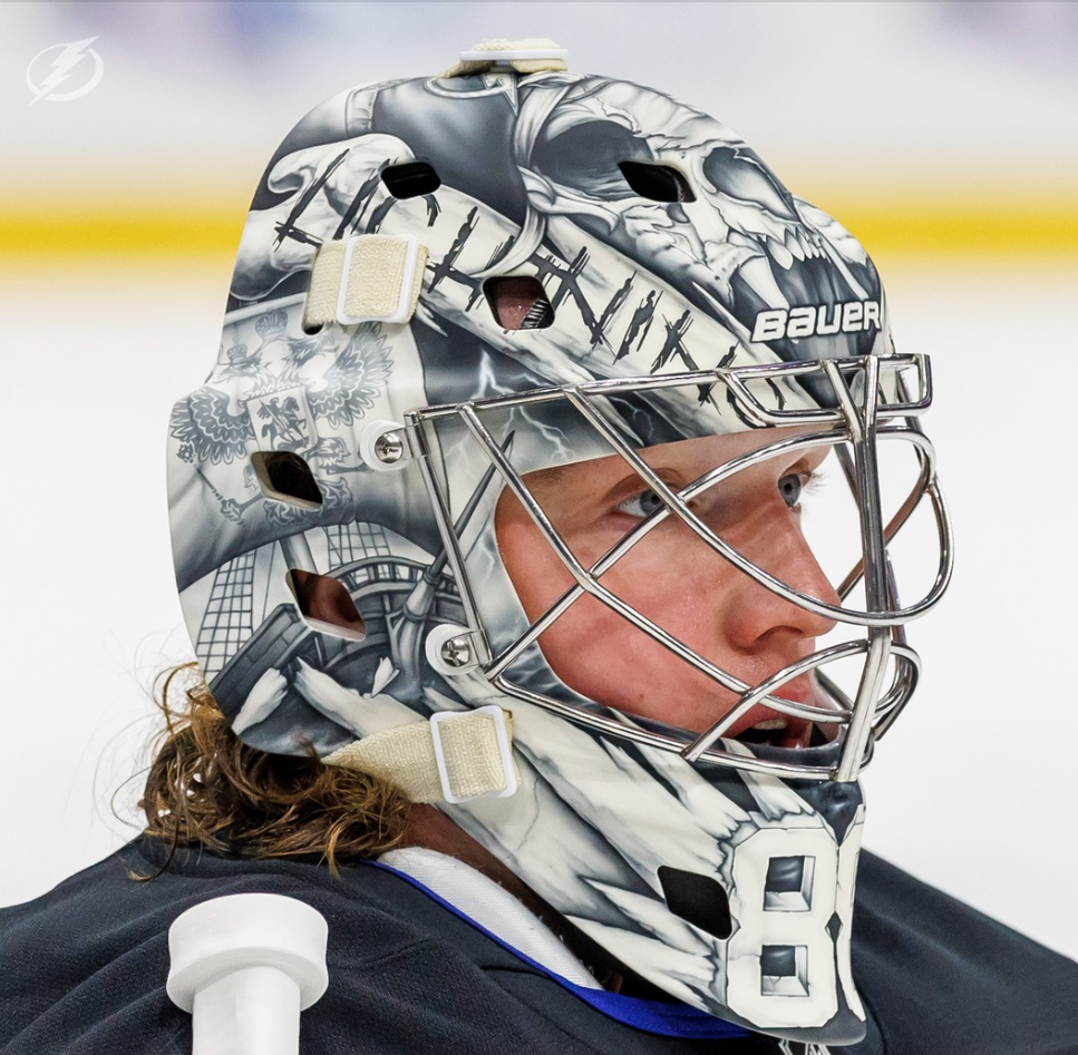 Goalie wearing the mask in a reference photo for Andrei Vasilevskiy Signed Goalie Mask Tampa Bay 2025 26 BLACK EDITION 3rd Jersey Signature Edition. Goalie Mask Collector.