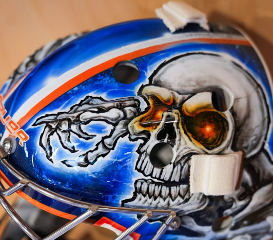 Detail view for Ilya Sorokin Signed Goalie Mask 2024 25 New York SKULL Nabokov Tribute Signature Edition. Goalie Mask Collector.