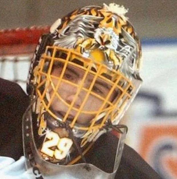 Presale: Marc-Andre Fleury Goalie Mask Unsigned Cape Breton Screaming Eagles With Yellow Cat-Eye Grill Tribute