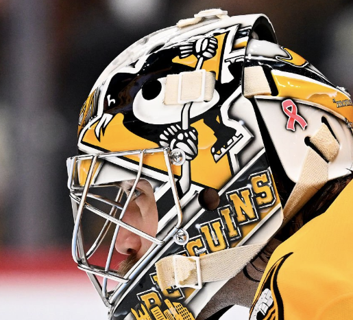 Goalie wearing the mask in a reference photo for Stuart Skinner Signed Goalie Mask 2026 Pittsburgh Tribute Signature Edition. Goalie Mask Collector.