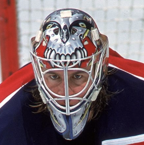 Goalie wearing the mask in a reference photo for Trevor Kidd Signed Goalie Mask Florida Signature Edition Tribute. Goalie Mask Collector.