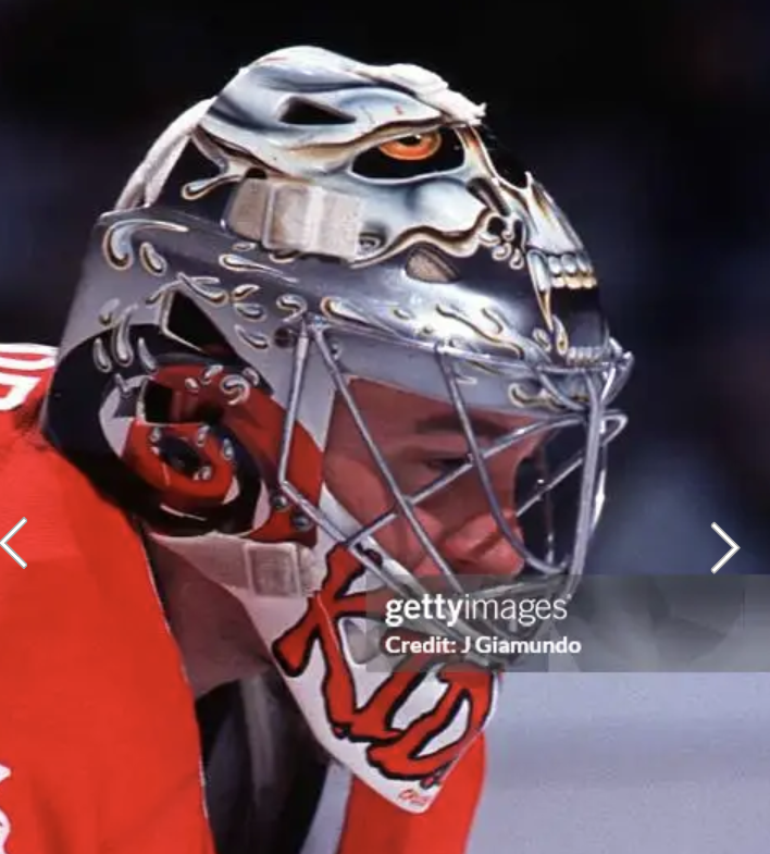 Goalie wearing the mask in a reference photo for Trevor Kidd Signed Goalie Mask Carolina Signature Edition Tribute. Goalie Mask Collector.