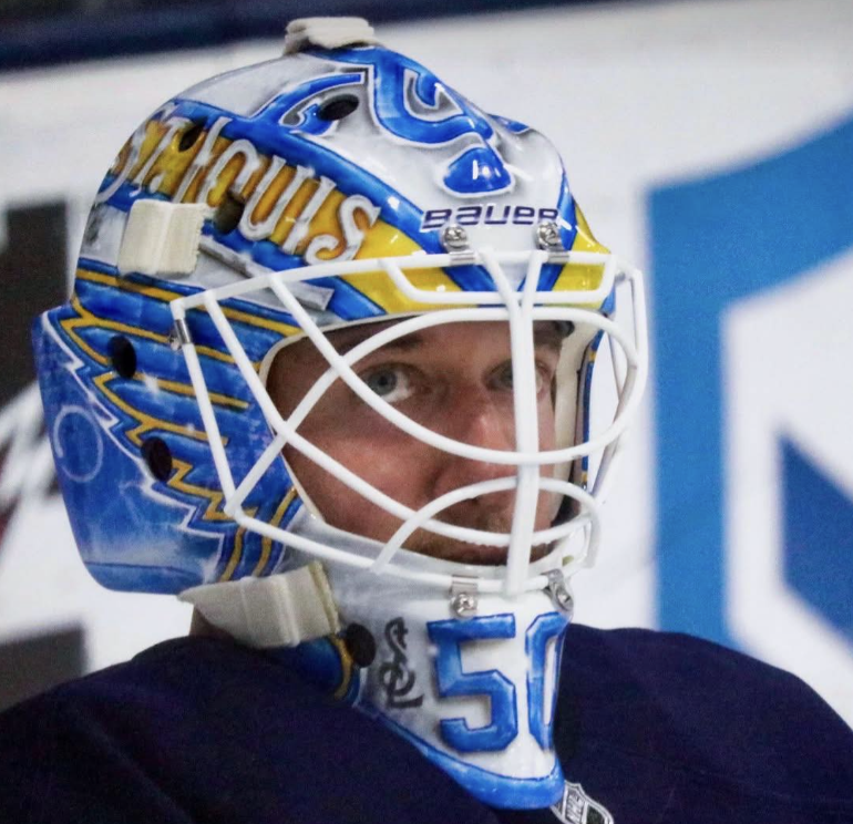 Presale: Jordan Binnington Goalie Mask Unsigned 2025-26 St. Louis White Tribute