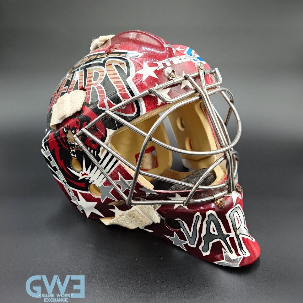 Semyon Varlamov Goalie Mask Game Worn 2008-09 Washington Capitals Rookie Season and Bears Itech Photo-Matched COA by Washington Capitals Organization AS-03408
