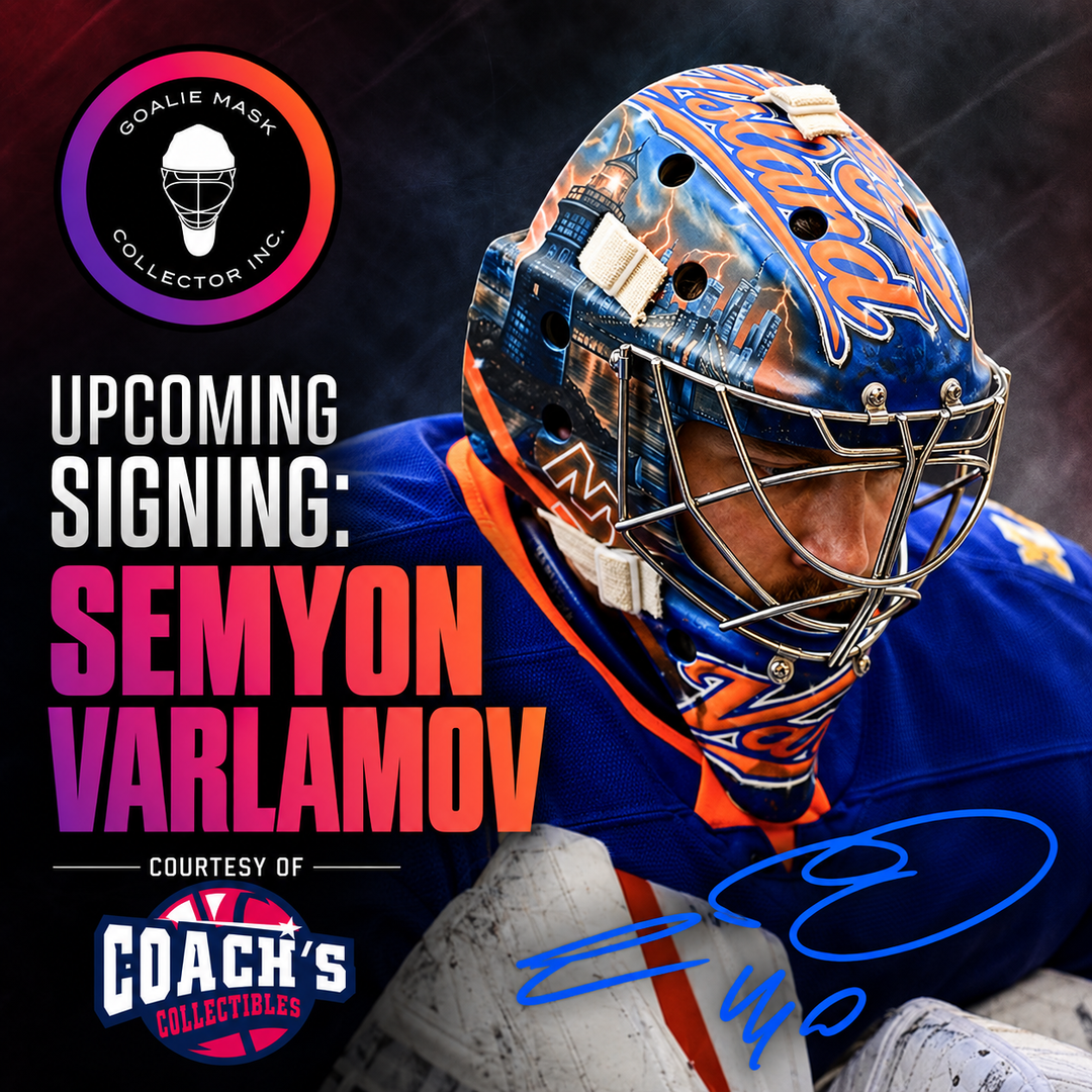 Semyon Varlamov upcoming signing 2026 courtesy of Coach’s Collectibles — Goalie Mask Collector