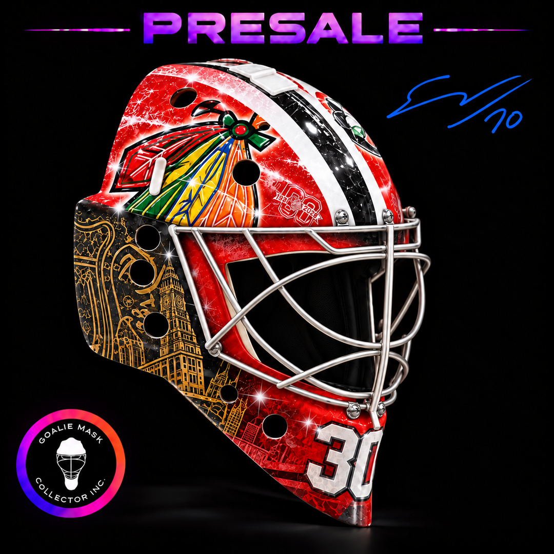Spencer Knight signed goalie mask 2026 to 2027 Chicago 100th Centennial Year Signature Edition autographed tribute with single center bar cat eye cage
