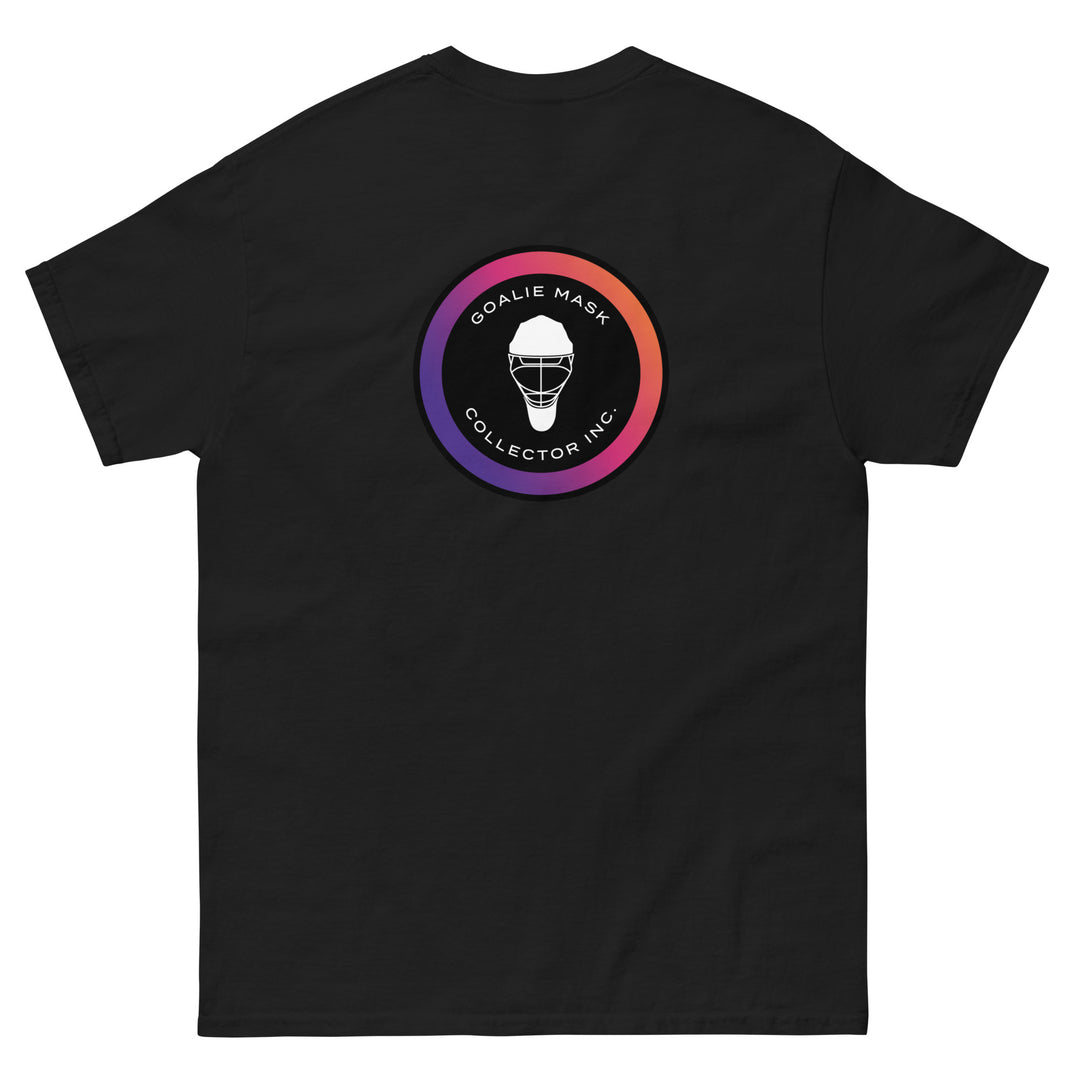 Logo Front And Back Unisex Classic Tee, black shirt, back view. Goalie Mask Collector.