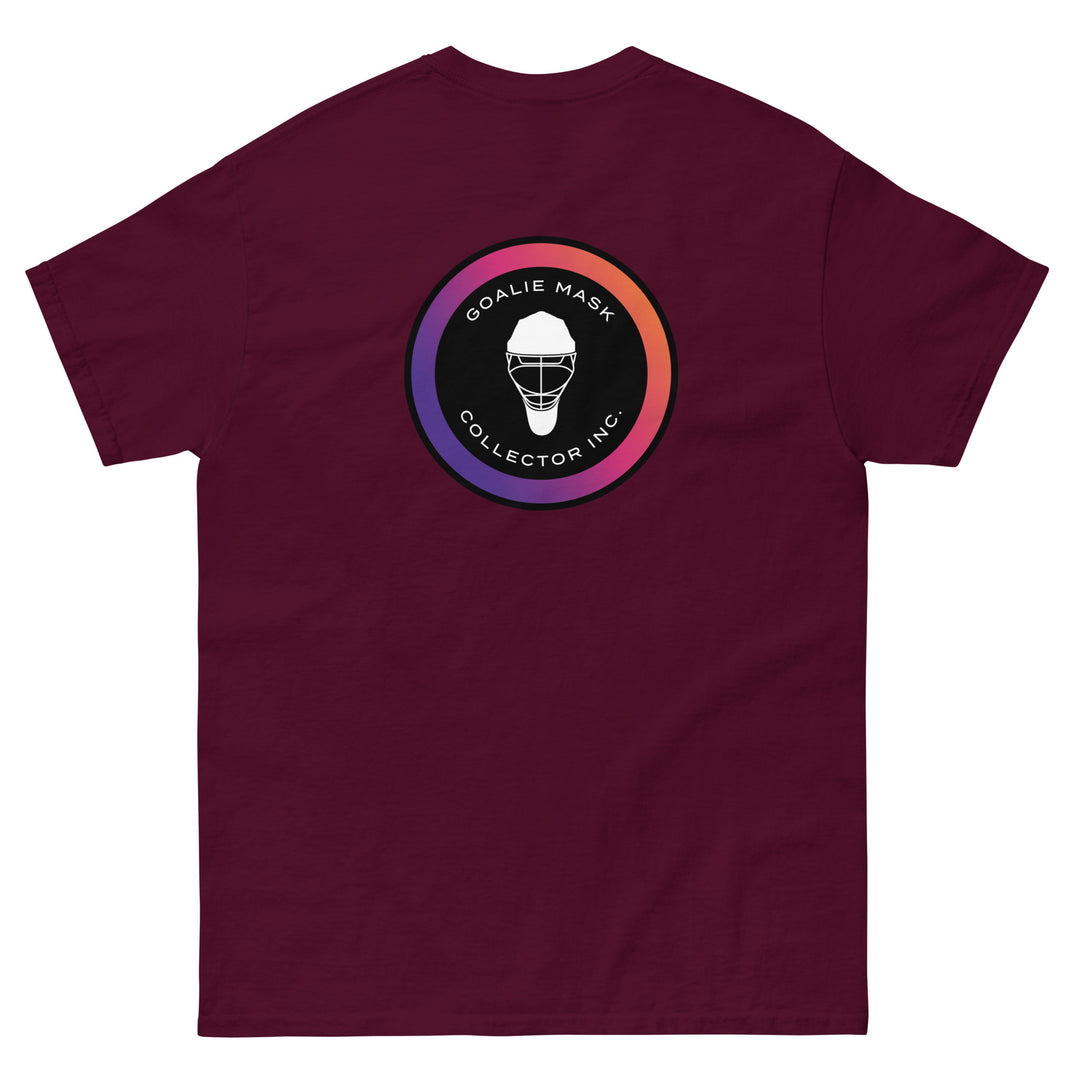 Logo Center Unisex classic tee, maroon shirt, back view. Goalie Mask Collector.