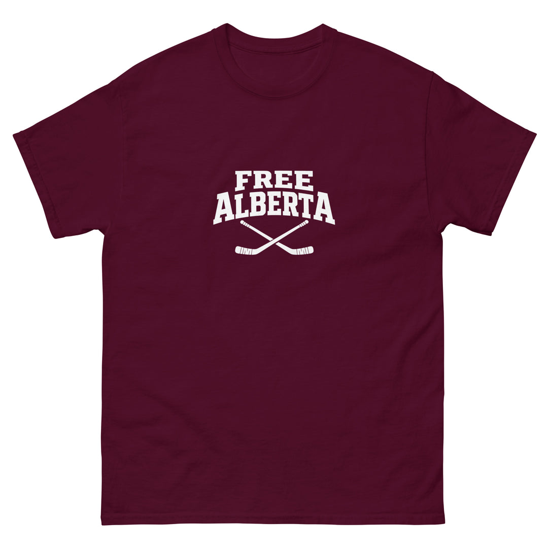 FREE ALBERTA White Logo Graphic T Shirt | Unisex Canadian Freedom Tee, maroon shirt, front view. Goalie Mask Collector.