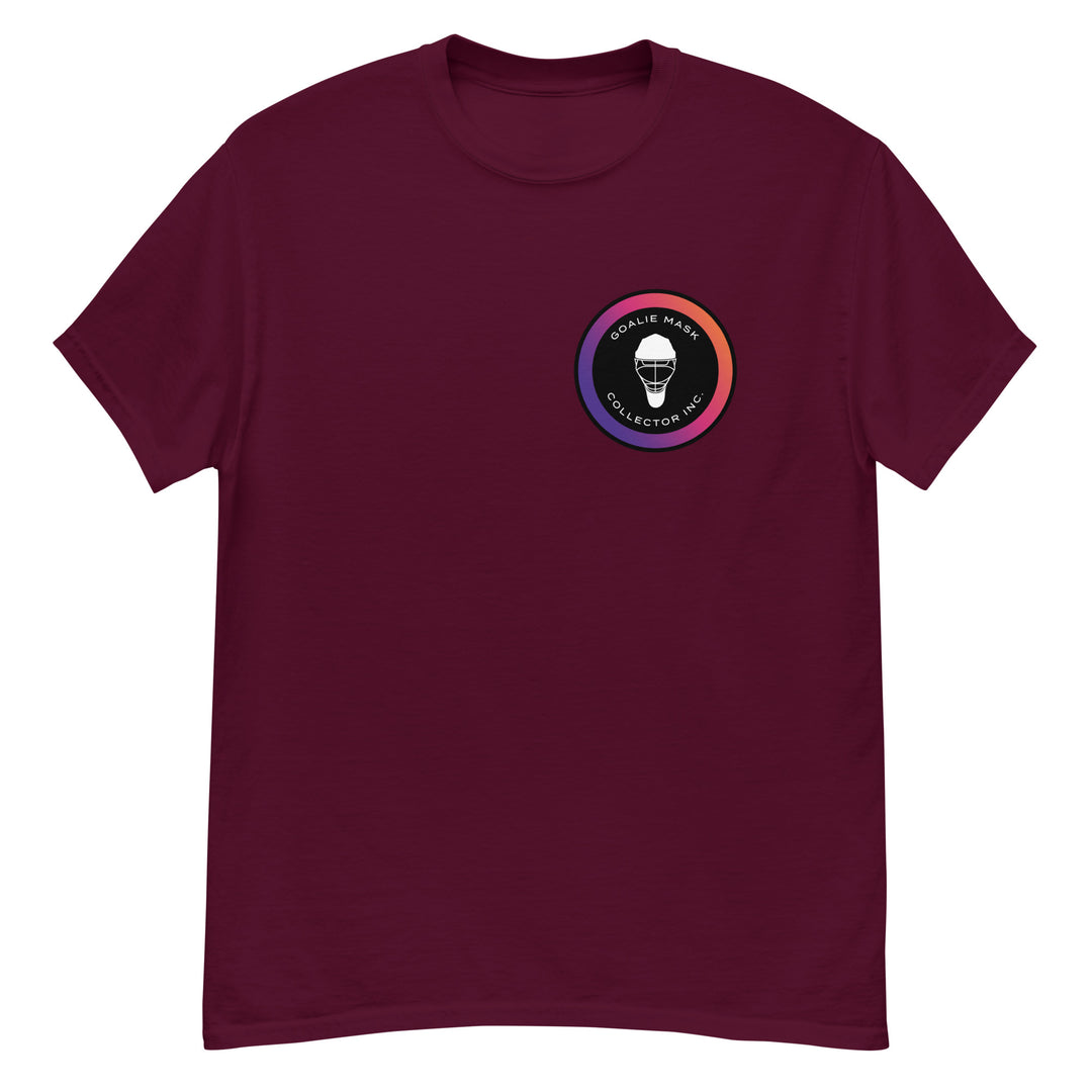 Logo Pocket Unisex classic tee, maroon shirt, front view. Goalie Mask Collector.