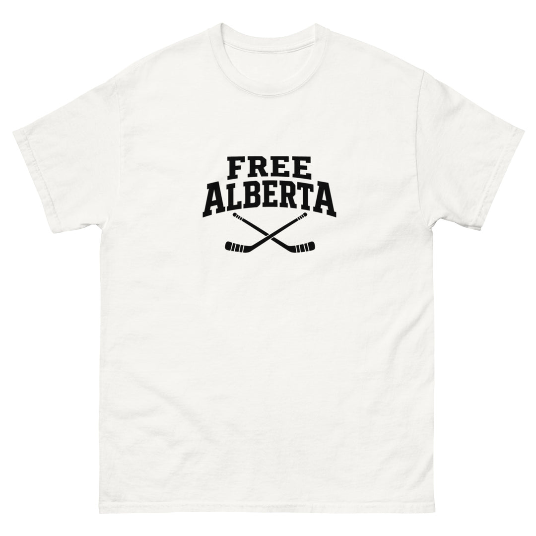 FREE ALBERTA Black Logo Graphic T Shirt Unisex Canadian Freedom Tee, white shirt, front view. Goalie Mask Collector.