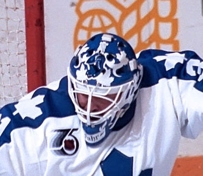 Goalie wearing the mask in a reference photo for Grant Fuhr Signed Goalie Mask Toronto V3 Signature Edition. Goalie Mask Collector.