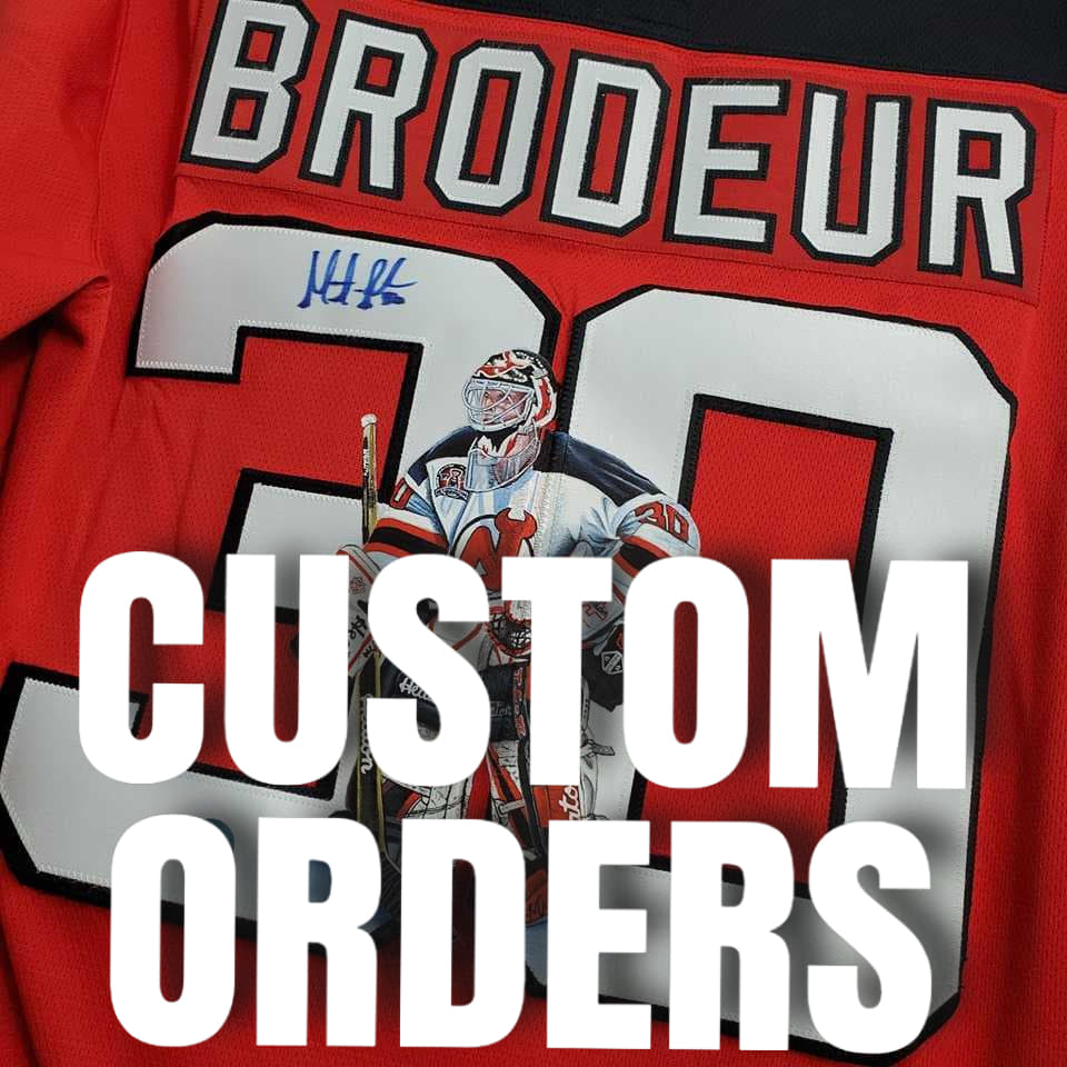 ART EDITION Hand painted Jersey Artwork Send In Your Own Jersey and Picture. Goalie Mask Collector.