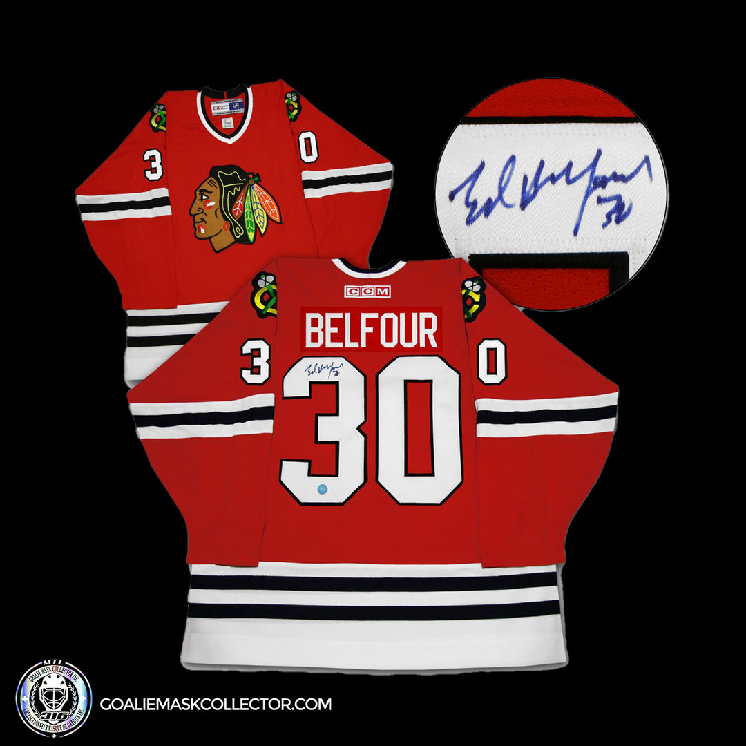 Ed Belfour Chicago Blackhawks Autographed CCM Vintage Hockey Jersey. Goalie Mask Collector.