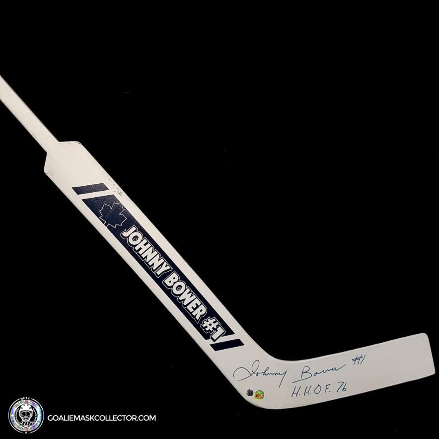 Johnny Bower Signed Game Ready Stick Tribute White Toronto Maple Leafs. Goalie Mask Collector.