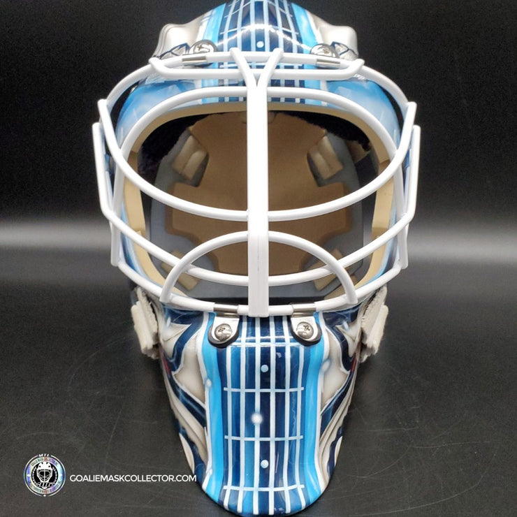 The artwork on the mask of Seattle Kraken goalie Chris Driedger is