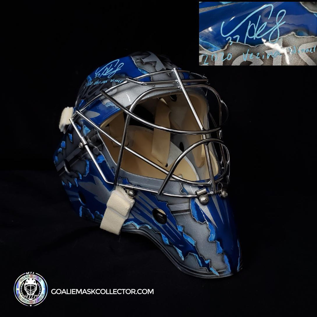 Connor Hellebuyck Silver All Star Year Signature Edition mask Signature Edition. Goalie Mask Collector.