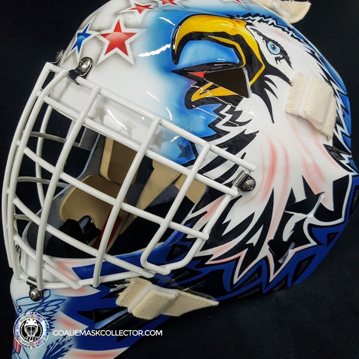Custom Painted Goalie Mask: Belfour Swedish League Leksands White "Simple Eagle" Unsigned