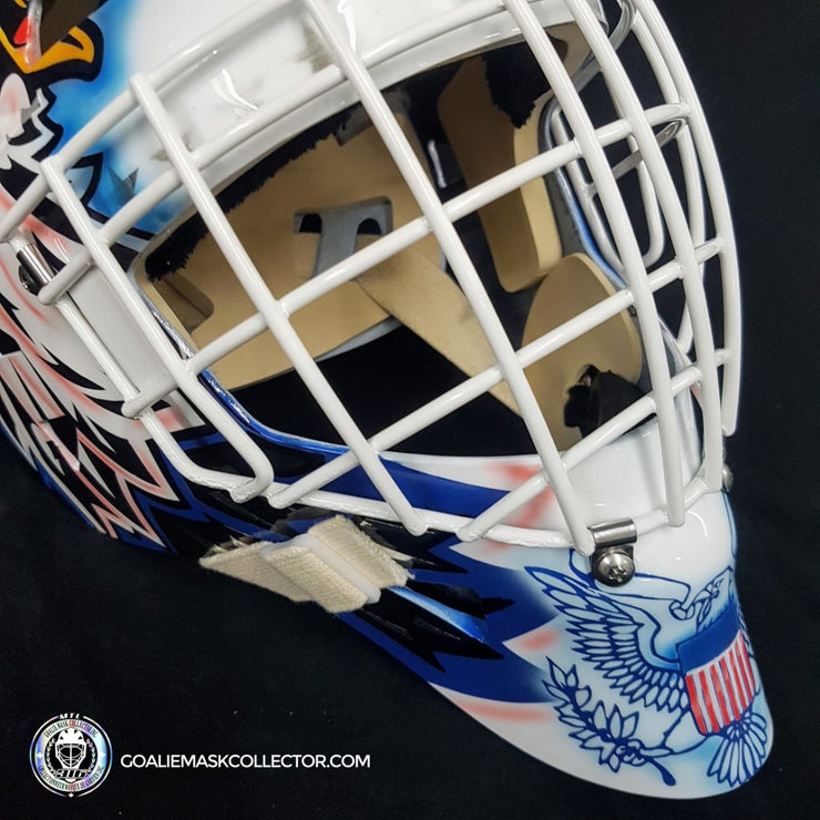 Custom Painted Goalie Mask: Belfour Swedish League Leksands White "Simple Eagle" Unsigned