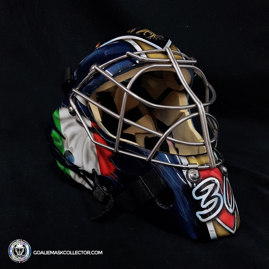 Custom Painted Goalie Mask: Canada x Italy Family Crest