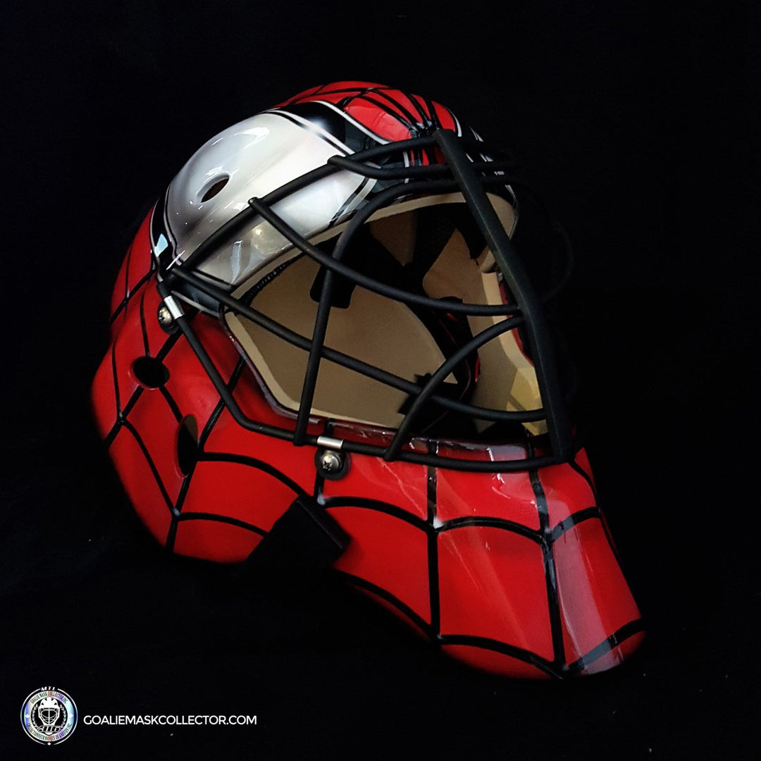 Spiderman Unsigned Painted on Sportmask Pro 3I with Matte Black Flatbar Grill. Goalie Mask Collector.