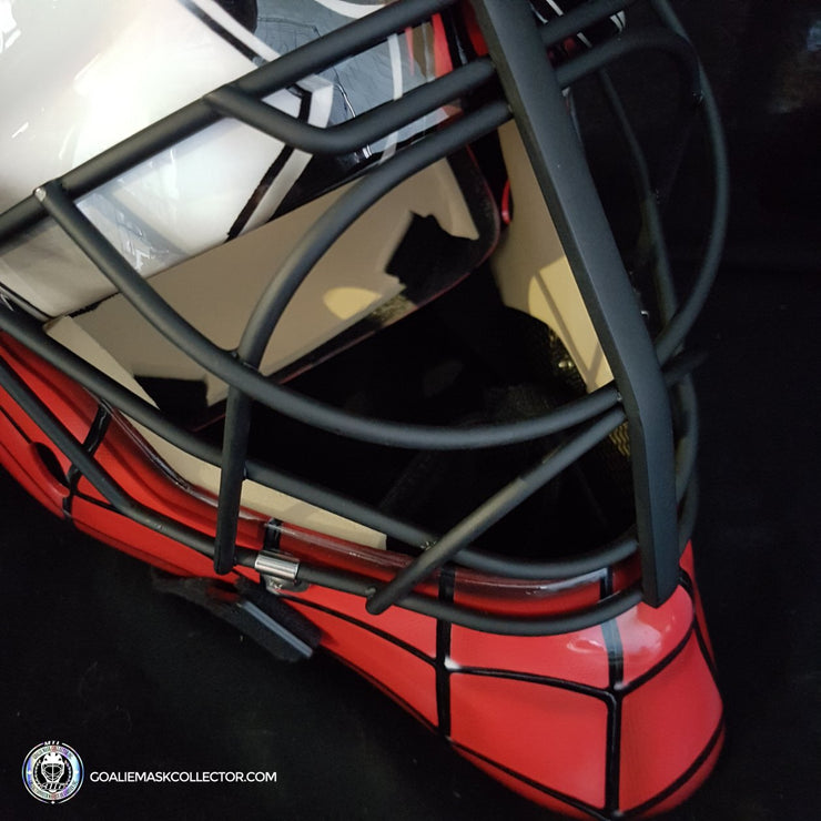 Custom Painted Goalie Mask: Spiderman Unsigned Painted on Sportmask Pro 3I with Matte Black Flatbar Grill