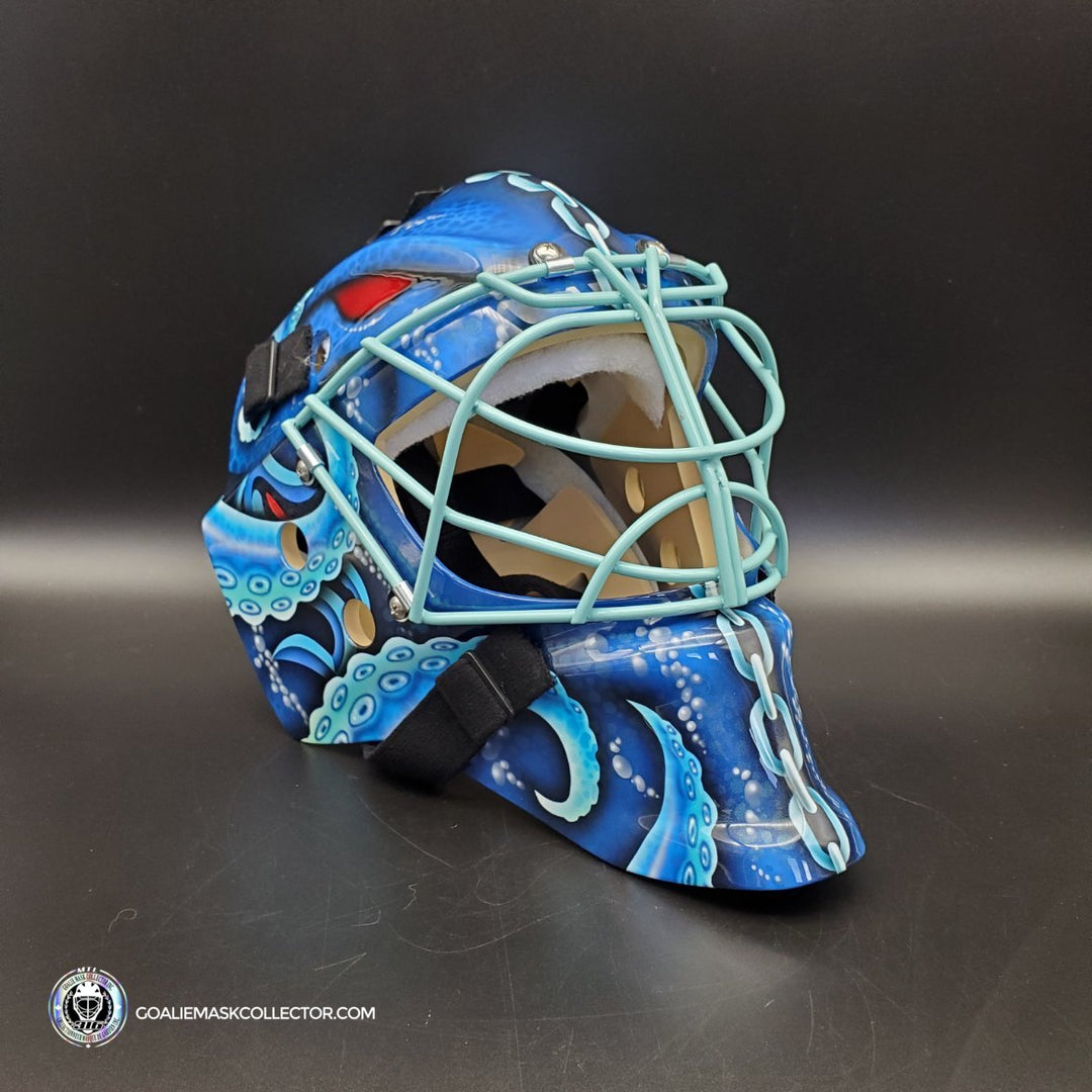 Custom: Seattle Kraken Goalie Mask Unsigned V2 + Electric Blue Grill