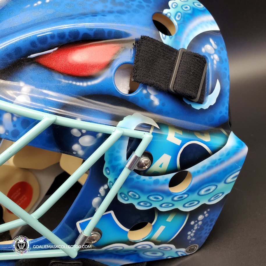 electric blue football helmet Custom: Seattle Kraken Goalie Mask Unsigned V2 + Electric Blue Grill – Goalie Mask Collector