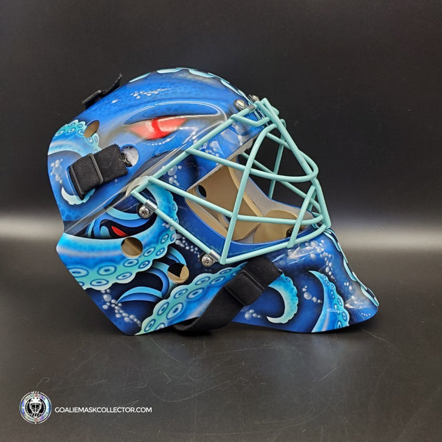 Custom Seattle Kraken Goalie Mask Unsigned V2 + Electric Blue Grill